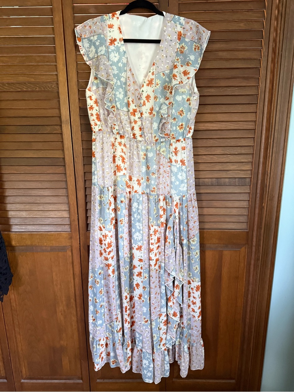 Miss Me Light Blue and White Floral Patchwork Maxi Dress with Orange Accents